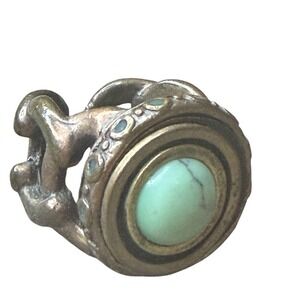 Vintage Lucky You Green Turquoise Gemstone Ring Brass Tone Boho Chic Size 7